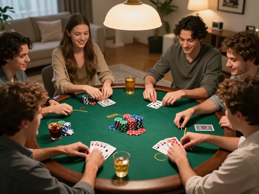 Players enjoying a poker game at home, showcasing lively interaction and strategic gameplay at 789club.