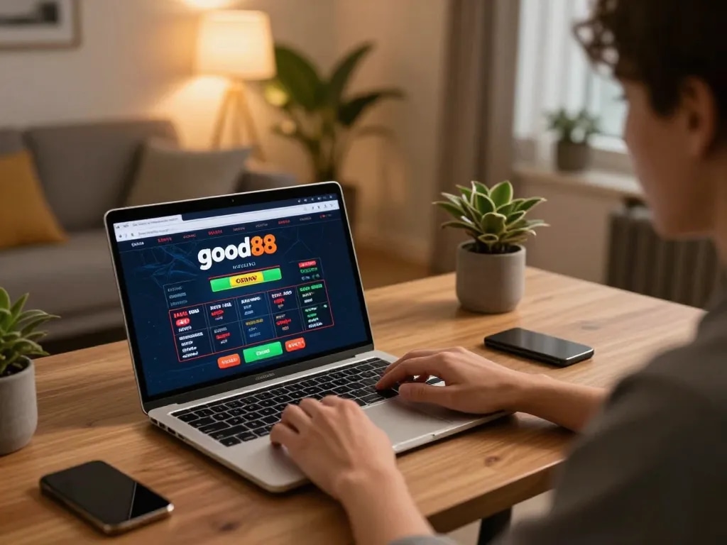 Engaged player using good88 online casino interface on a laptop with a cozy design.
