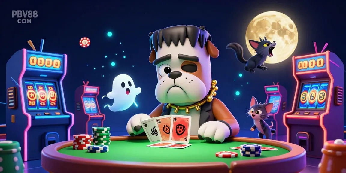 Engage in thrilling casino games at PBV88 COM with a vibrant cartoon scene of characters and colorful elements.