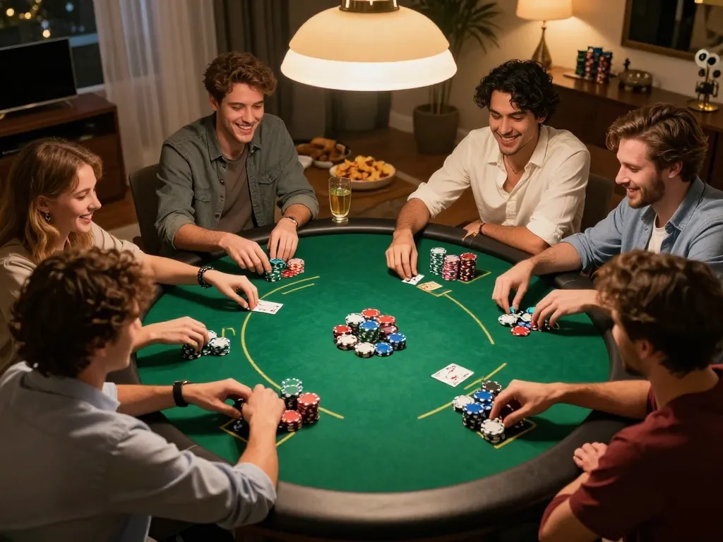 Engaged players at a v788 poker night, showcasing excitement and strategy in a cozy home setting.