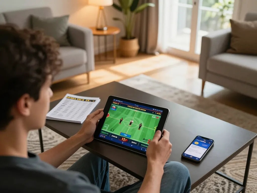 Player engaging in sports betting on net88 app while comfortably sitting at home with a tablet.