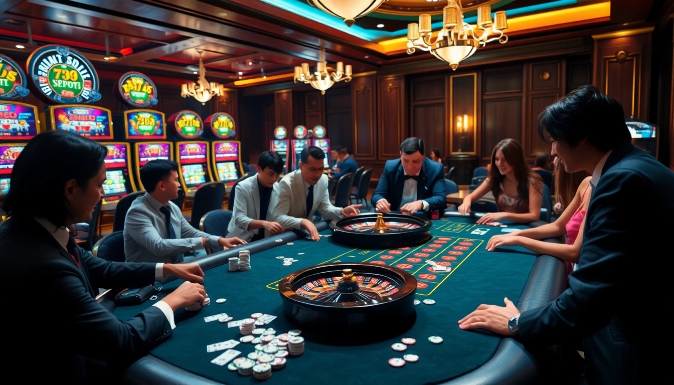 A high-stakes casino scene featuring gamblers at 68VIP poker tables, showcasing excitement and luxury.