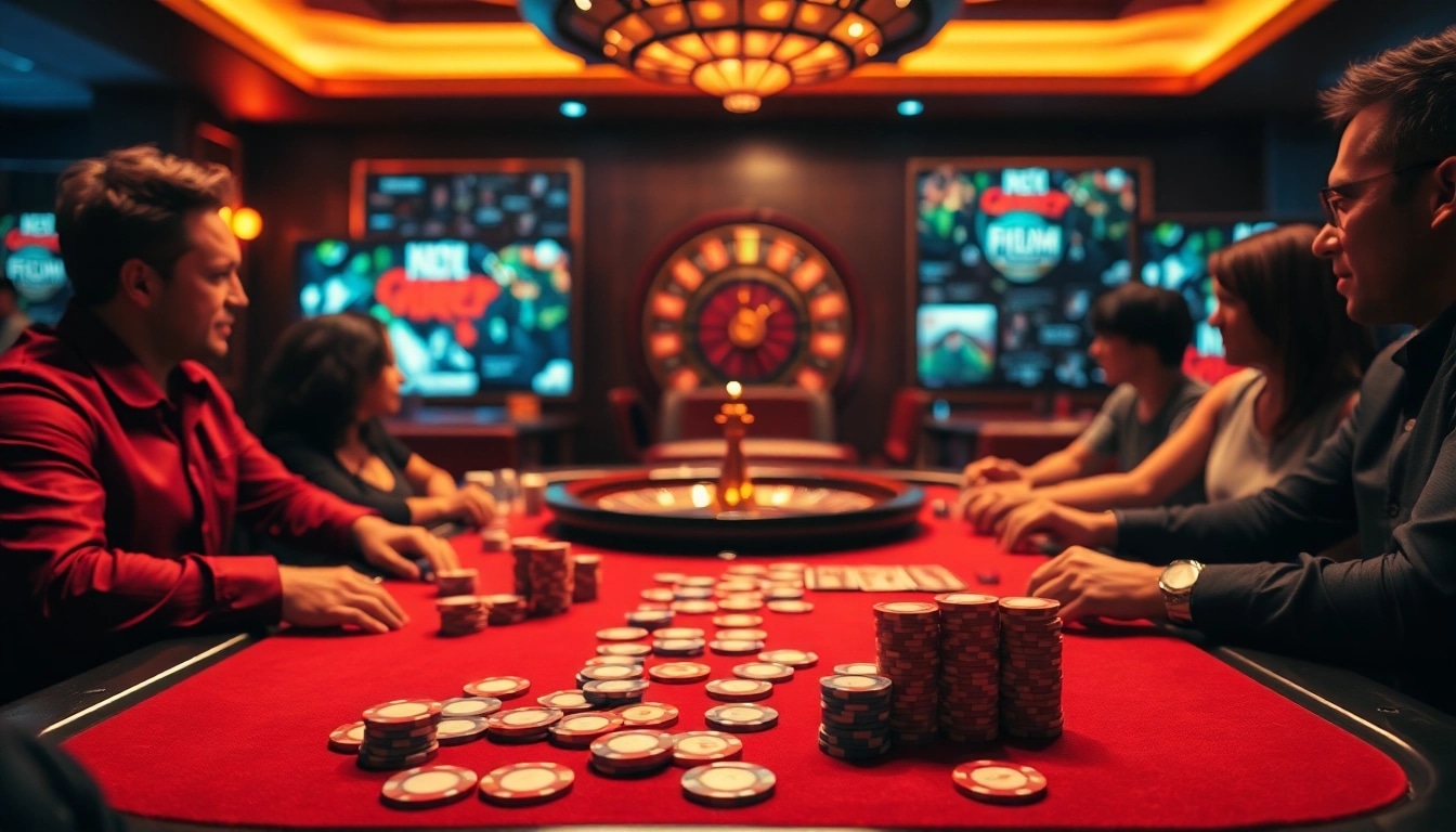 Experience thrilling gameplay with newphim as players strategize at a high-stakes poker table in a luxurious casino atmosphere.