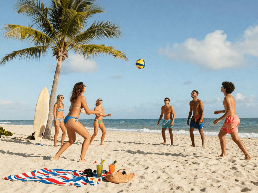 Friends enjoying a sunny beach day in vibrant BIKINISLOT, playing volleyball and relaxing.