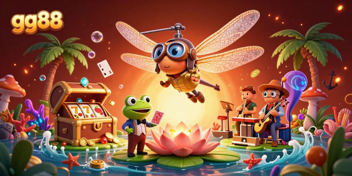 Experience exhilarating gameplay with gg88 in a vibrant casino scene featuring a dragonfly pilot and frog croupier.