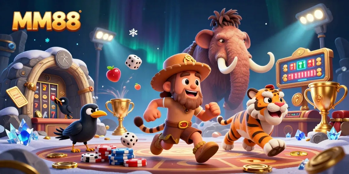 Play exciting slot games with MM88 in a vibrant, prehistoric casino setting, filled with fun characters and elements.