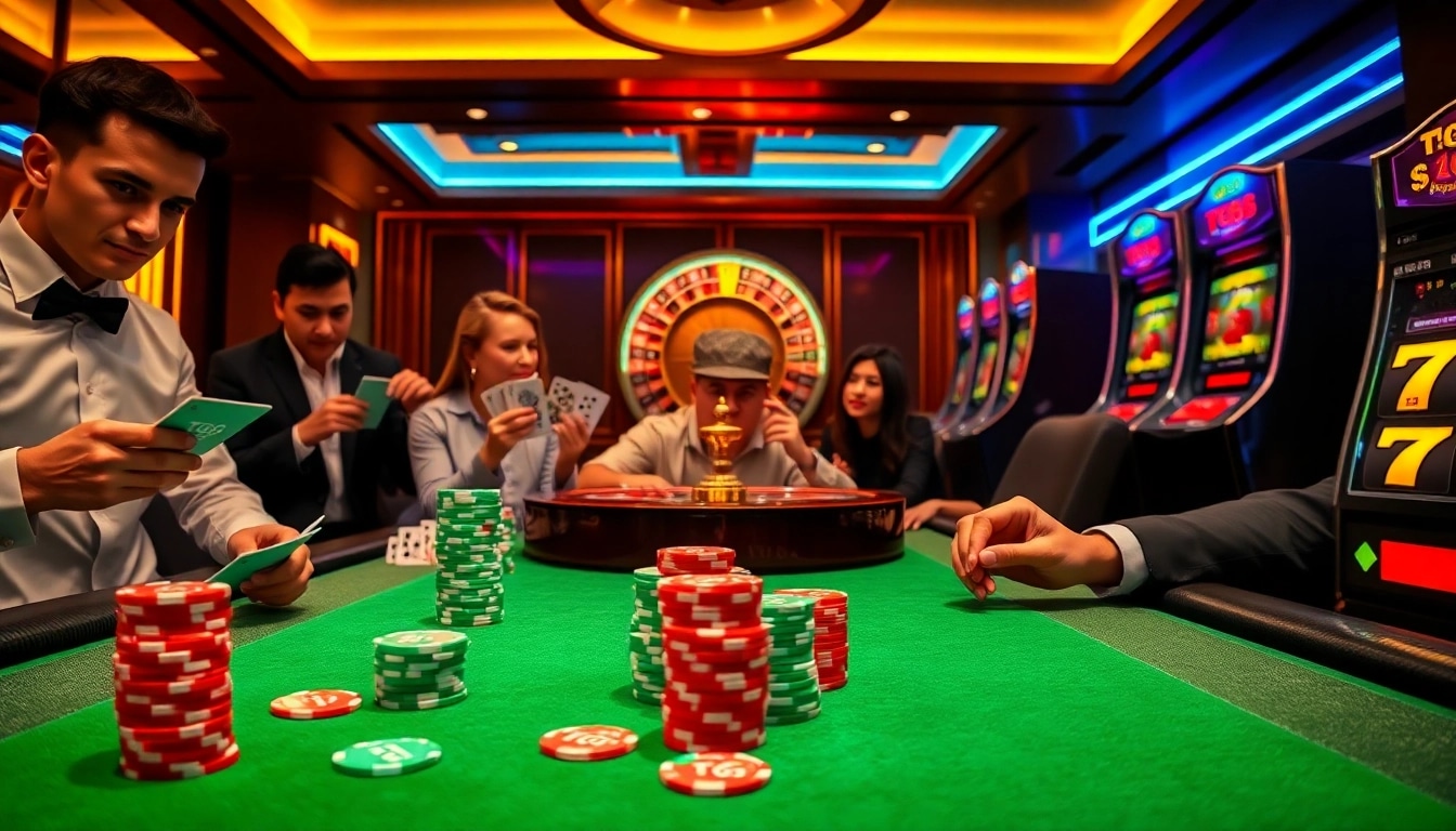 Players strategizing around a TG88 poker table loaded with chips and cards in a premium casino setting