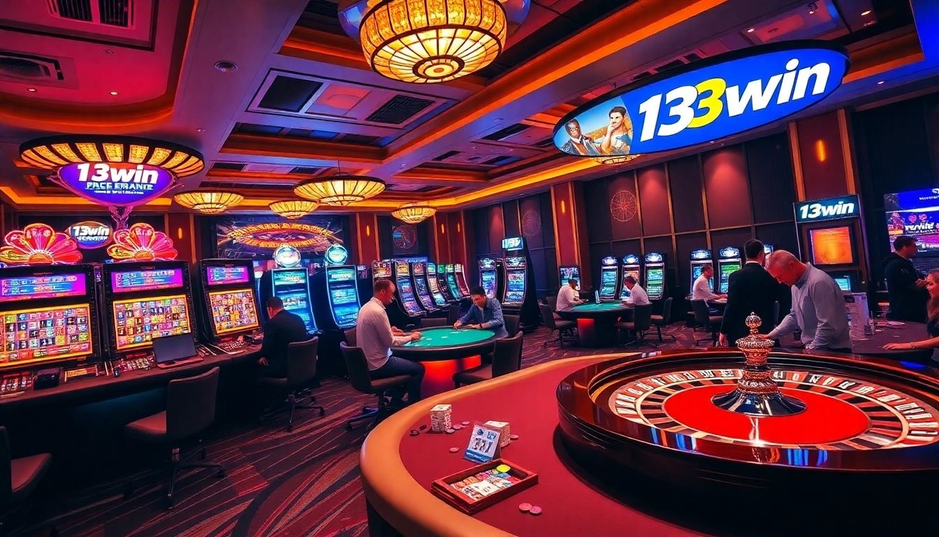 Excited gamblers enjoying games at 13win's vibrant casino, showcasing luxury and thrill.