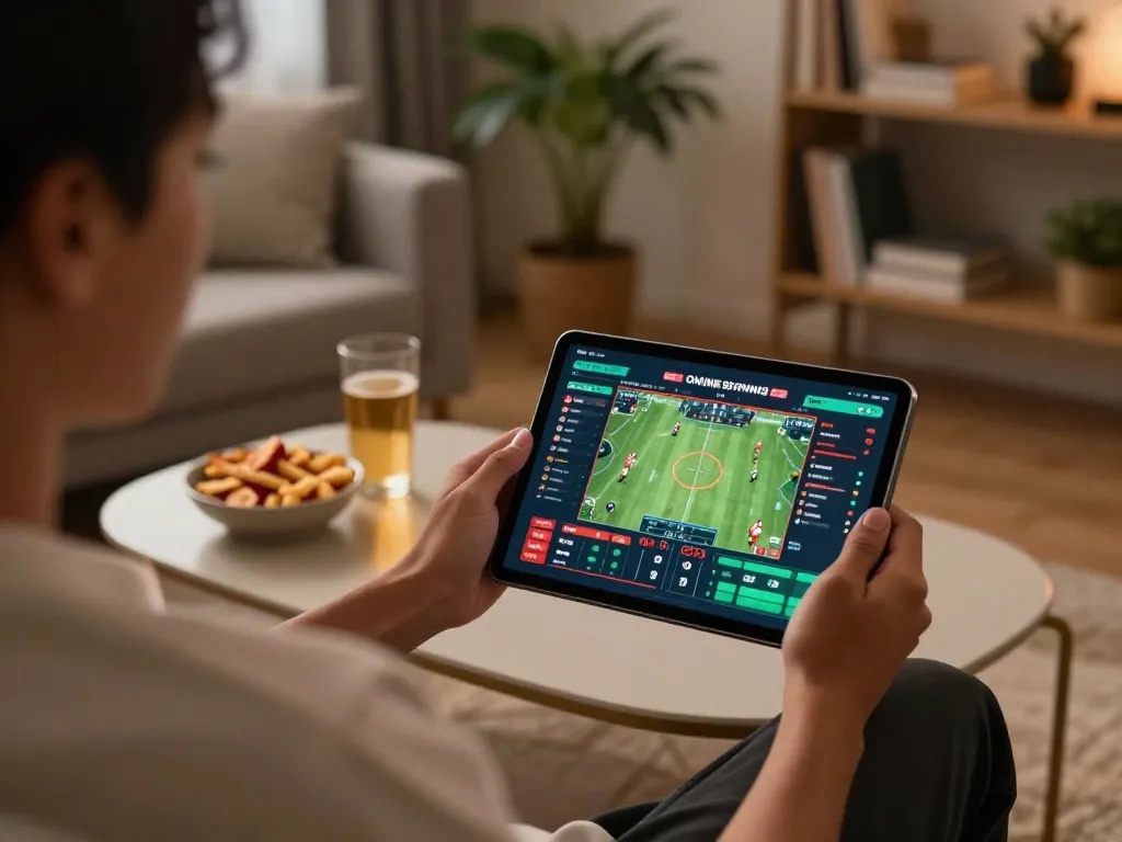 Person placing bets on TR88 sports betting platform using a tablet in a cozy living room