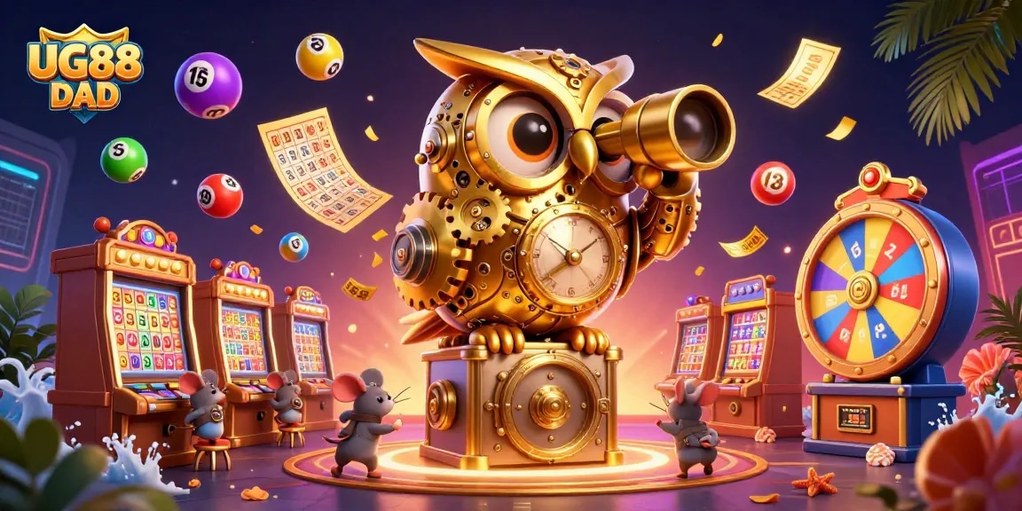 Engage with UG88 DAD's vibrant casino adventure featuring a golden clockwork owl amidst colorful gambling activities.
