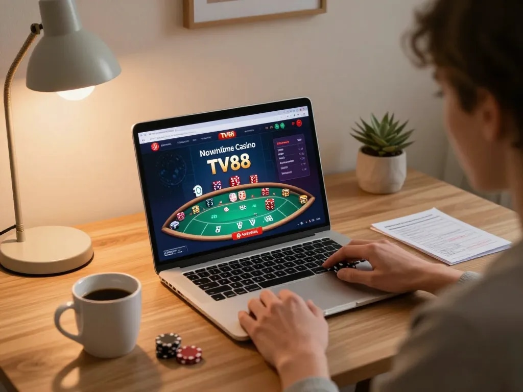 Player engaging in strategic online poker using TV88 casino platform in a cozy home setup.