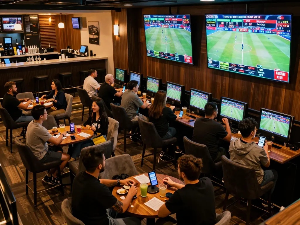 Betting excitement at TG88 with patrons engaged in sports wagering and lively atmosphere.