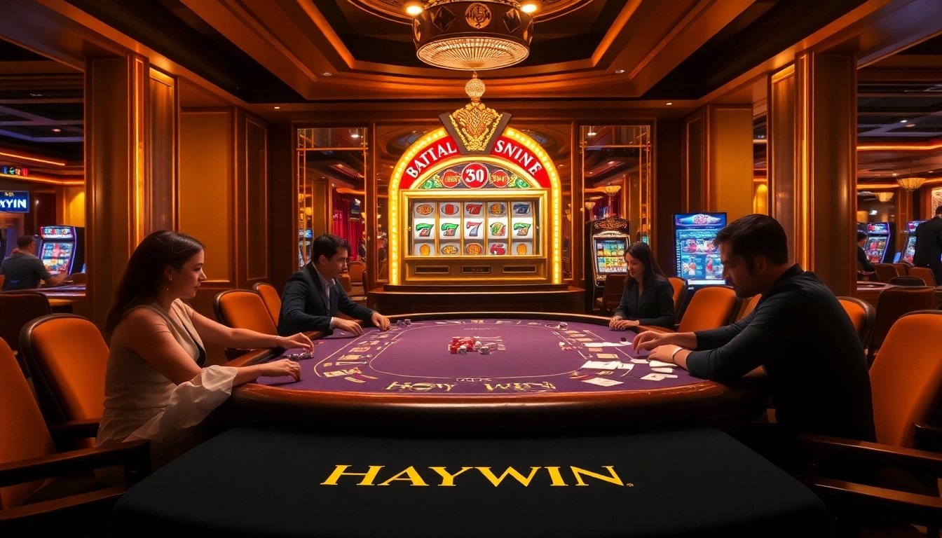 Players enjoying poker at a luxurious casino table featuring Haywin branding, showcasing excitement and strategy.