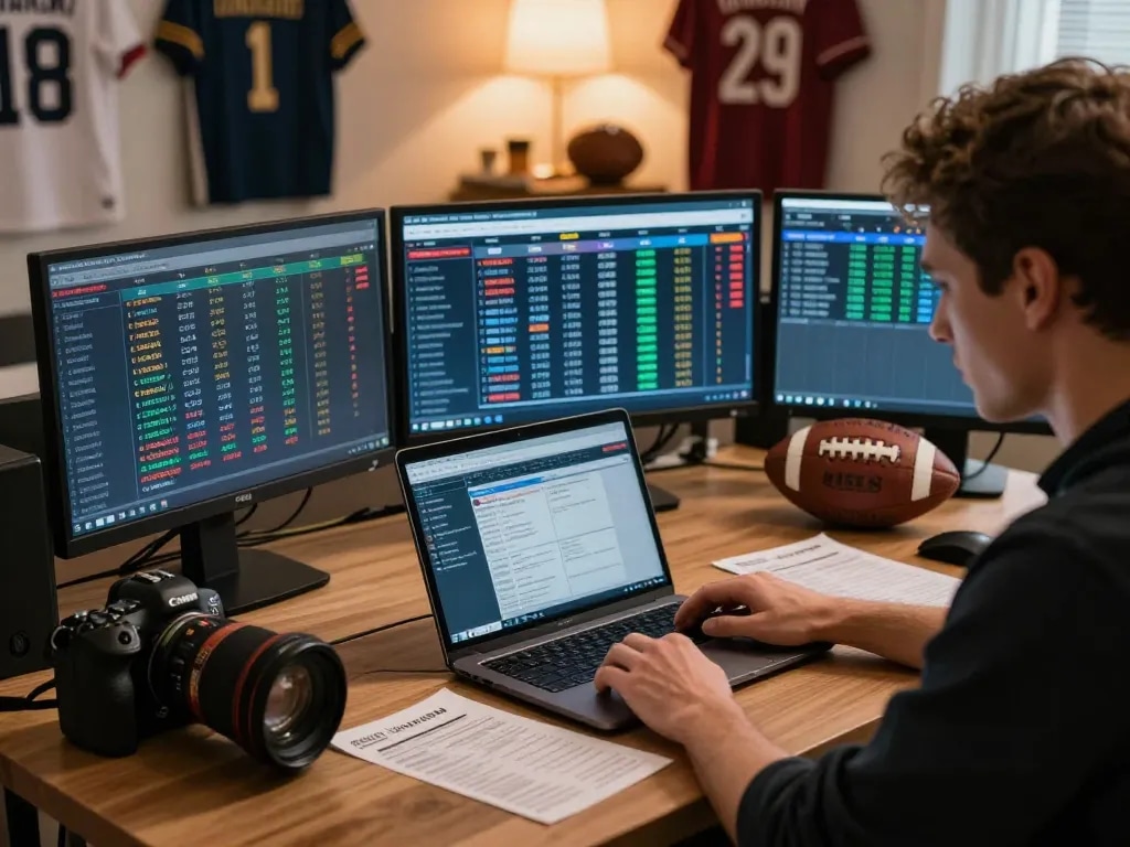 Tỷ lệ kèo trực tuyến analysis in a dynamic sports betting setup with monitors and betting slips.
