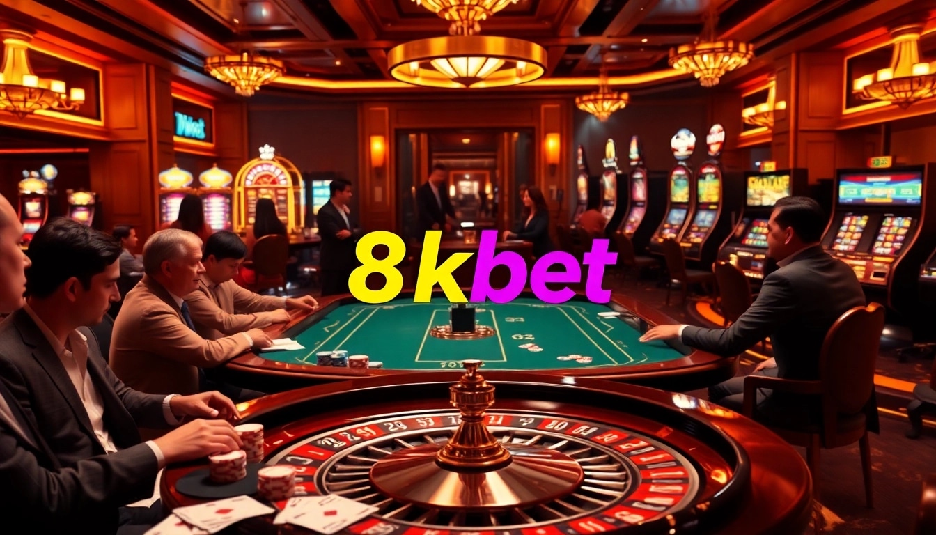 Experience the excitement of 8kbet with engaged players at a luxurious poker table surrounded by chips and cards.