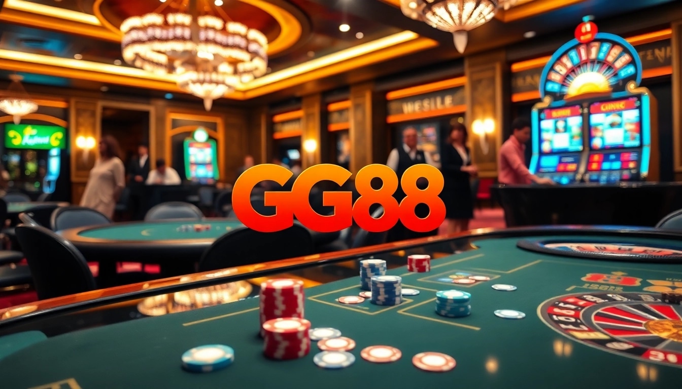 Exciting gaming atmosphere with GG88 logo, poker tables, and colorful casino chips.