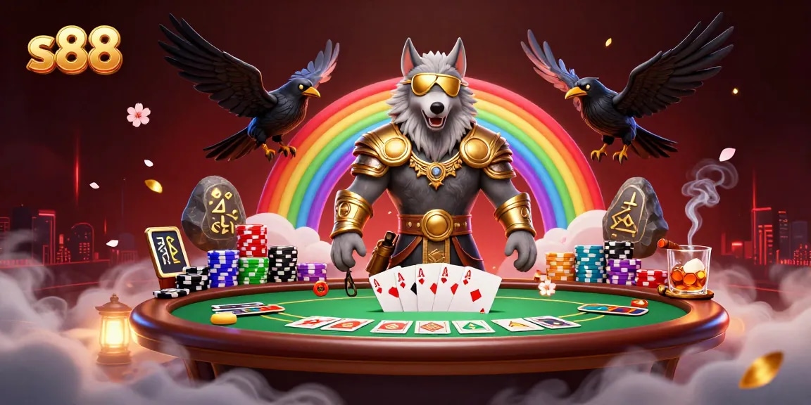 Engage with s88 casino games featuring Odin, ravens, and dynamic poker elements in a magical scene.
