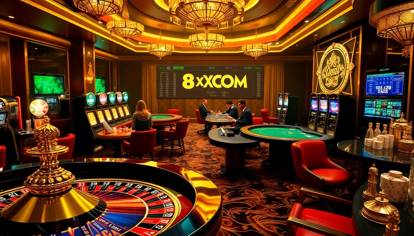 Players enjoying a thrilling casino experience at 8XX COM with vibrant slot machines and poker tables.