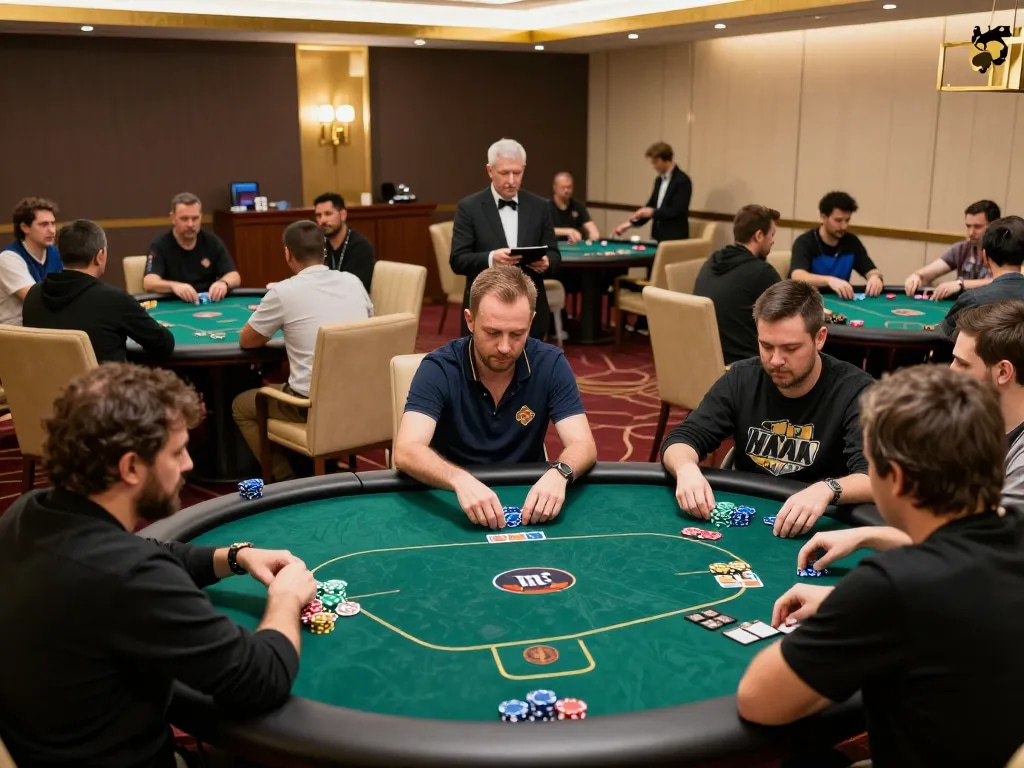 BOMWIN players strategizing their hands at a competitive poker tournament in a vibrant casino atmosphere.