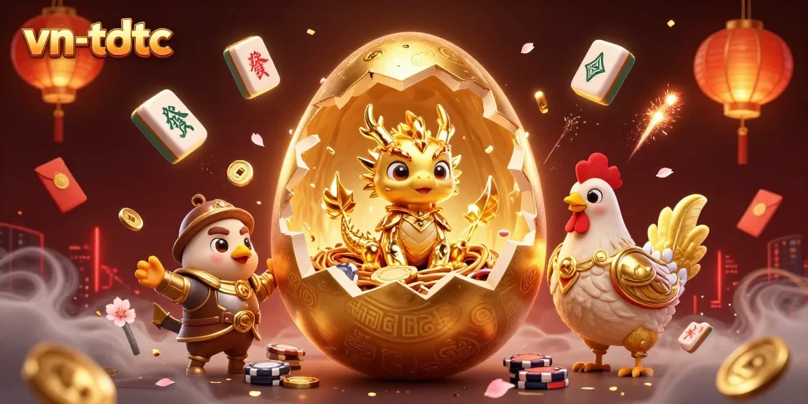 Engage with exciting vn-tdtc action as a golden baby dragon emerges from a cracking egg amidst poker chips.