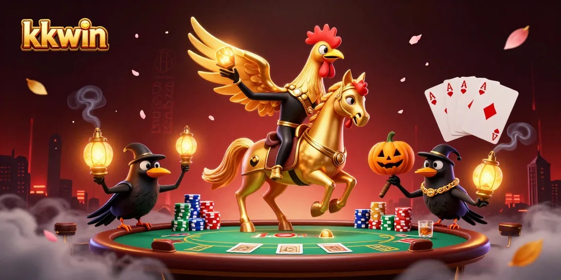 Experience the thrill of kkwin casino with a golden rooster and spectral horse in a vibrant gaming atmosphere.