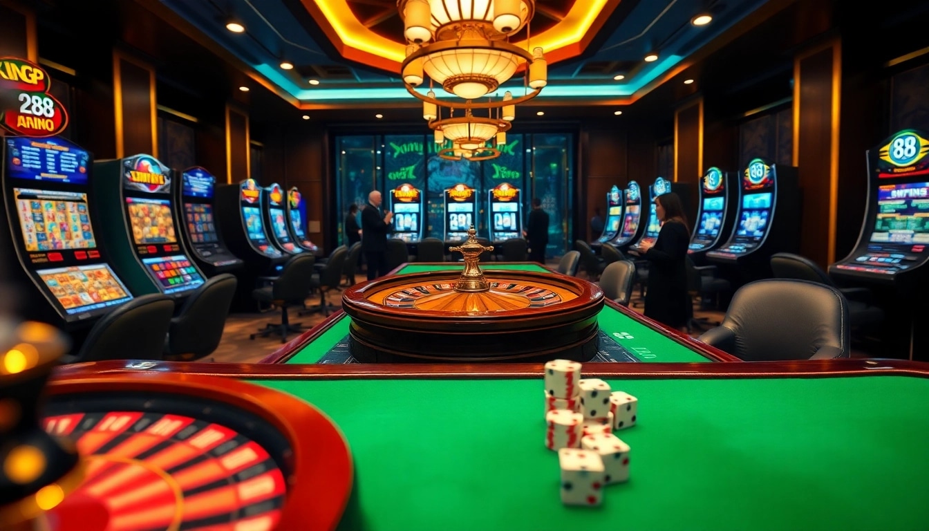 Experience the thrill of king 88 with an elegant casino scene featuring vibrant gaming tables and high-stakes action.