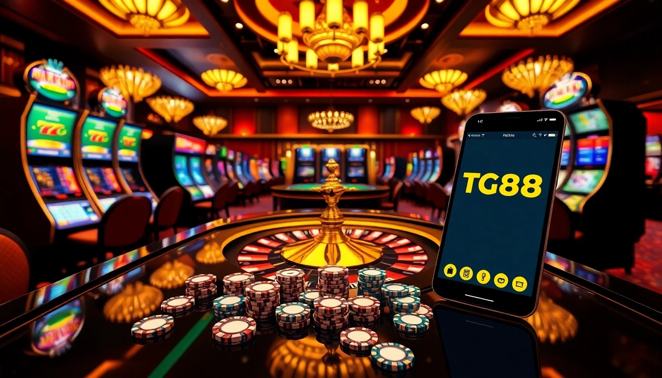 Experience the excitement of gaming at TG88 app featuring a luxury casino atmosphere with roulette and slots.