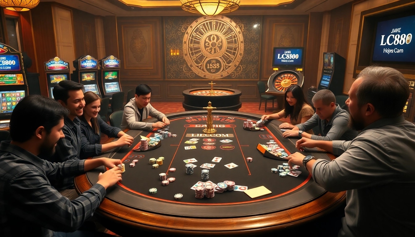 Gambling excitement at LC88 COM with colorful chips and cards on a luxurious casino table.