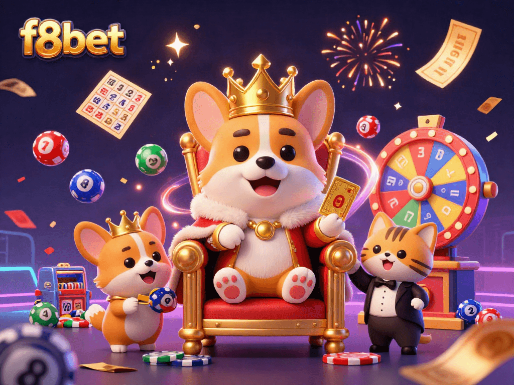 Engage with f8bet's vibrant gaming world through our dynamic casino illustration featuring lottery elements.