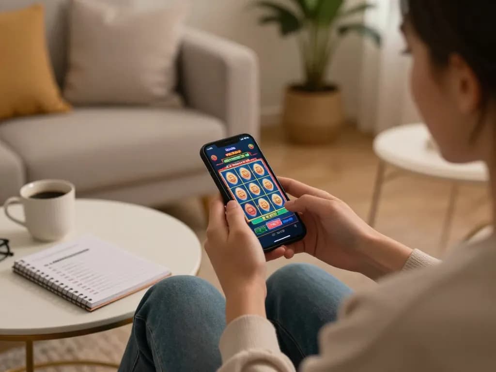 Player engaging with twin68 app on smartphone in a cozy home setting, showcasing responsible gaming.