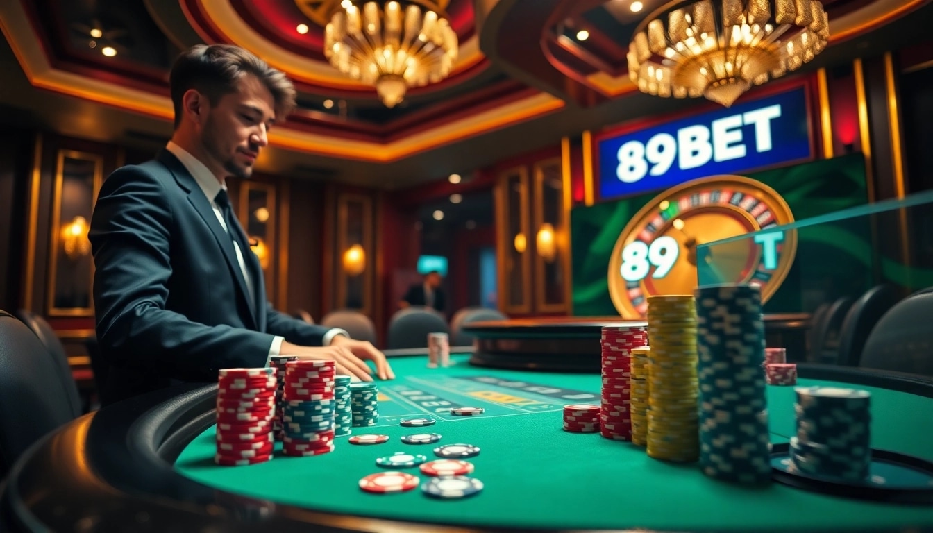 Engage with an exciting poker game scene at 89BET casino featuring professional dealers and vibrant chips.