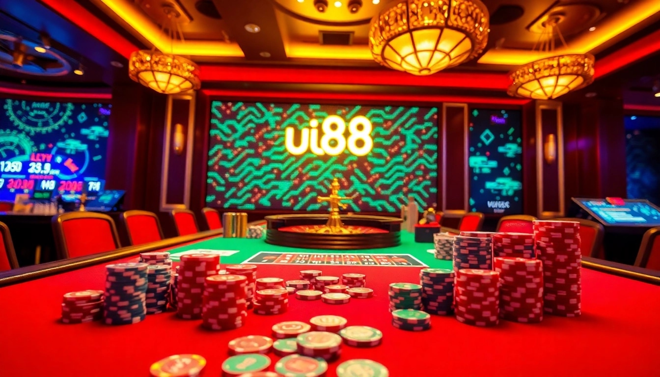 Exciting gaming setup on uu88 featuring casino tables and vibrant poker chips.