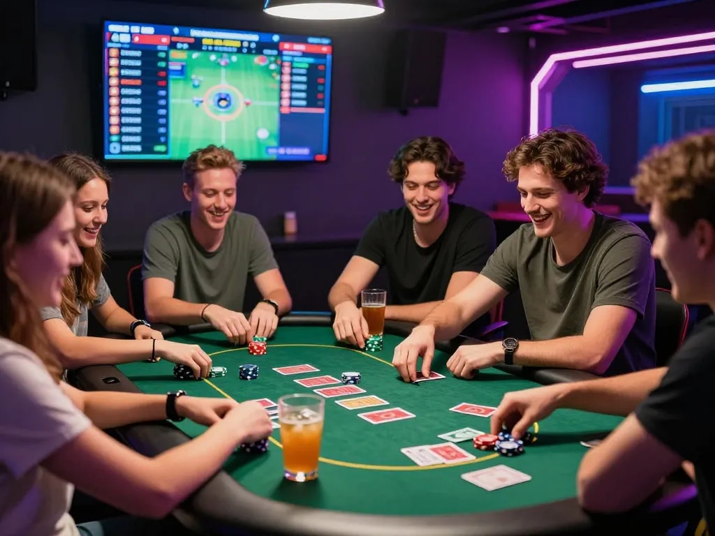 Friends enjoying a game bài in a lively gaming lounge with colorful chips and drinks.