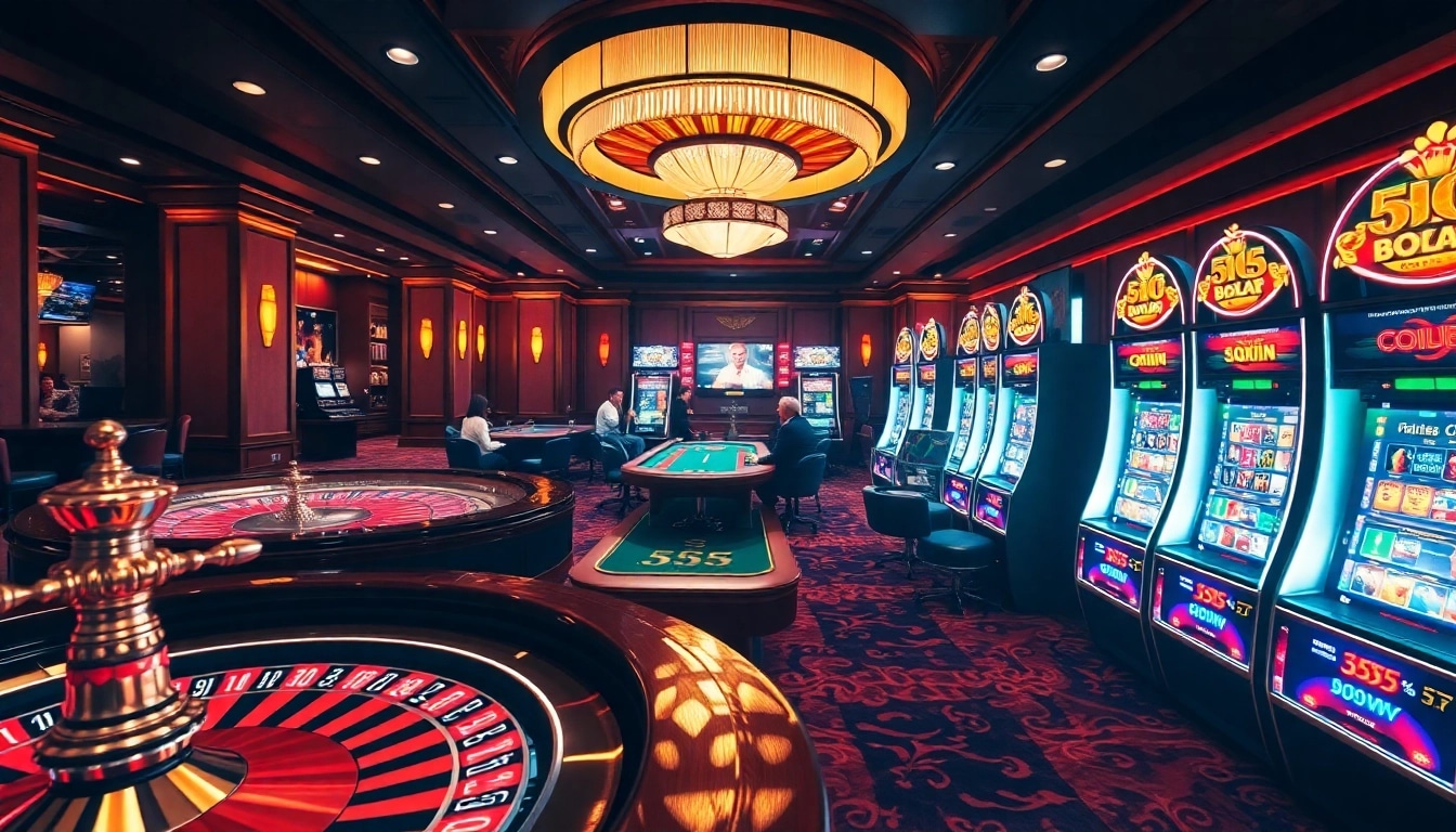Experience the excitement of 555win with luxurious casino visuals featuring roulette, poker, and vibrant slot machines.