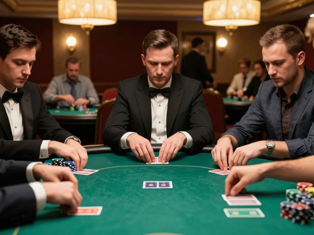 Players engaged in a strategic poker game at 789win com's exclusive table, showcasing focus and skill.