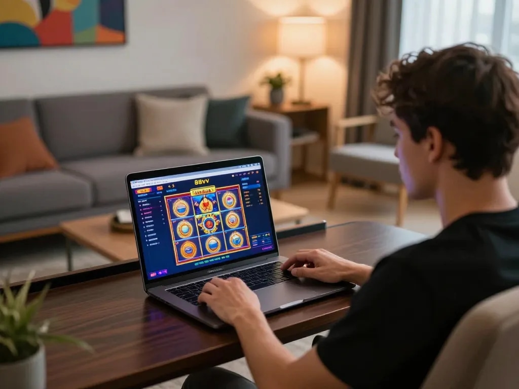 Person enjoying online gaming at 88vv on a laptop, showcasing vibrant slot games in a cozy home setting.