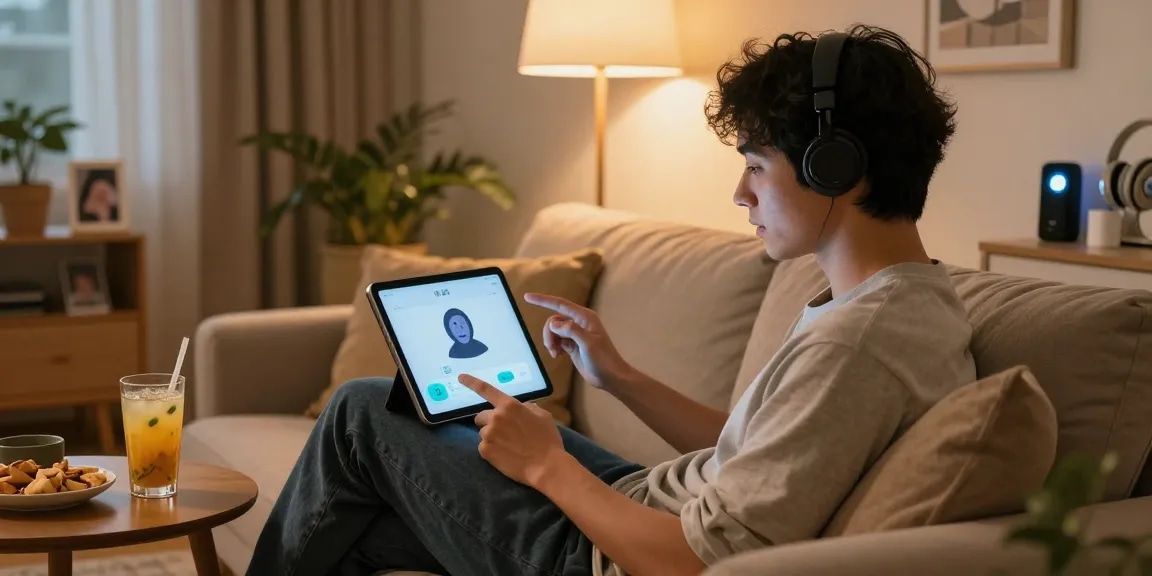 Engaging sex chat ai interaction in a cozy room setting with tablet conversation.