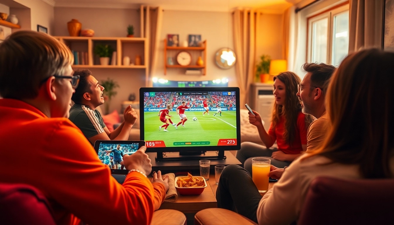 Xoilac offers vibrant live soccer streaming experience with excited fans enjoying the match in HD on digital devices.