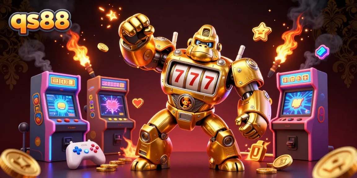 Experience the excitement of winning at qs88 with a 3D illustration of a golden gorilla mech and vibrant game elements.