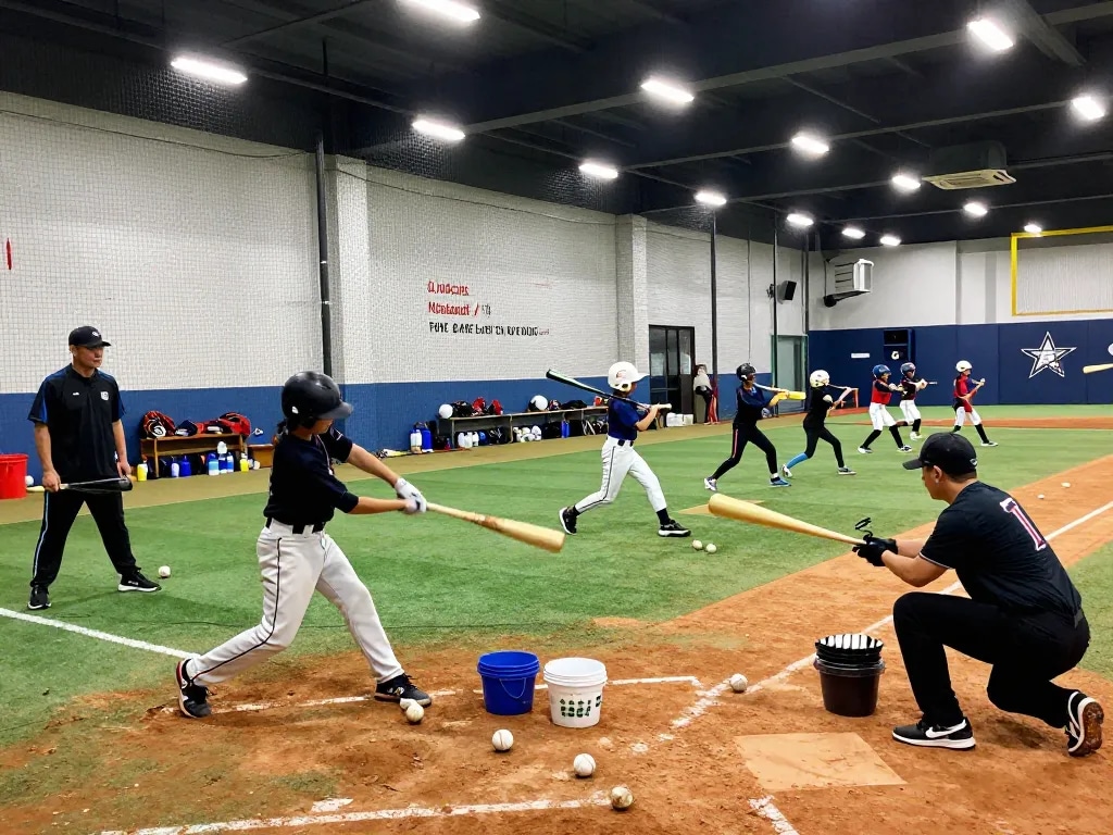 Hitclub athletes practicing baseball skills in a vibrant training facility.