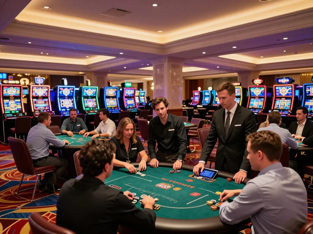Players enjoy an exciting game at onbet casino, with vibrant slots and intense poker action.