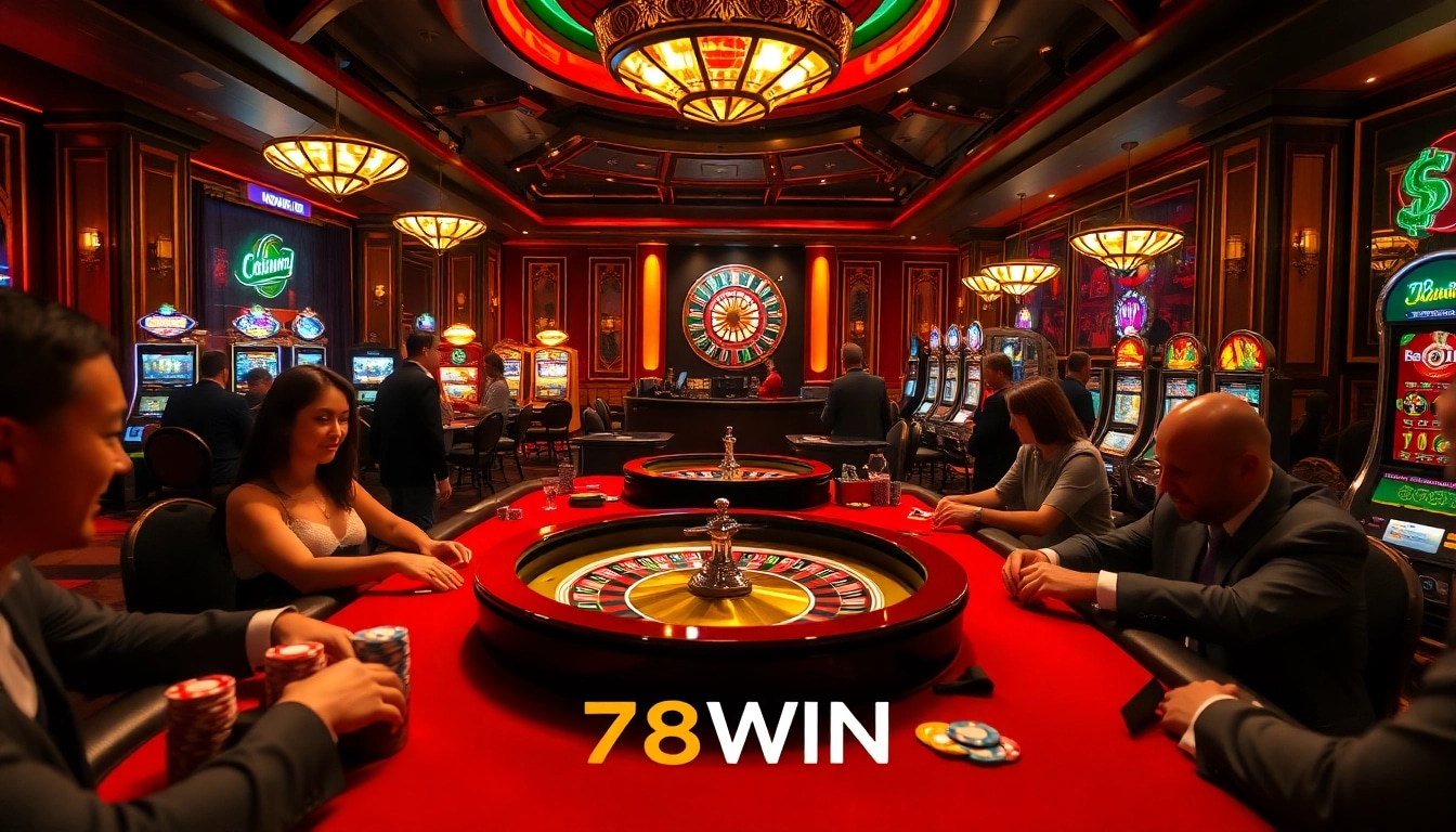 Exciting casino scene at 78WIN showcasing vibrant poker gameplay and luxurious atmosphere.