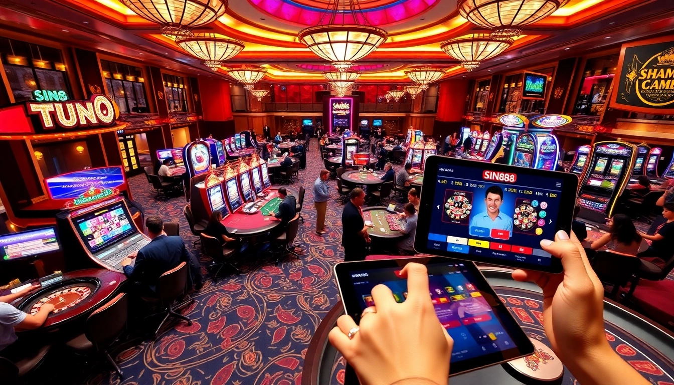 SIN88 casino scene showcasing vibrant tables and excited players at roulette and blackjack games.