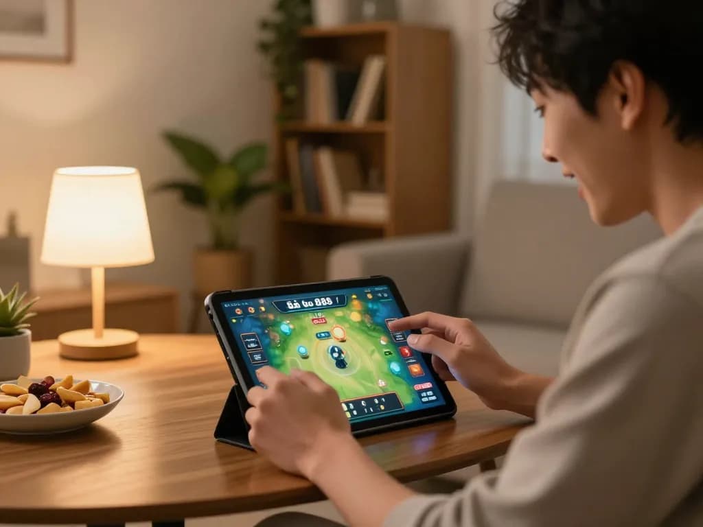 Playing game bài go88 on a tablet in a cozy home setting with snacks and warm lighting