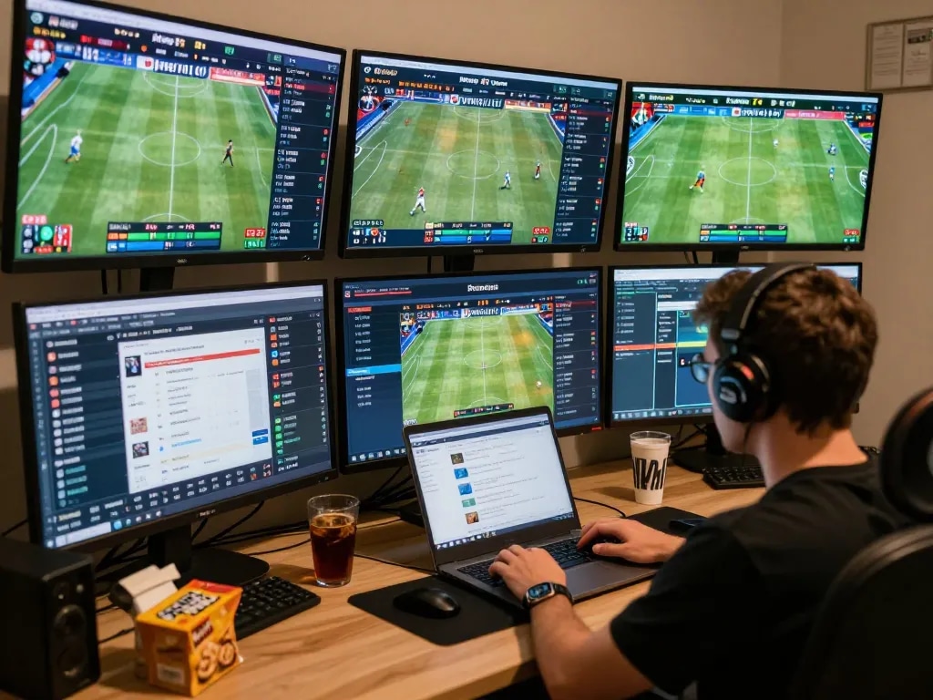 Engaging sports betting scene showcasing keo nha cai insights on various device screens while enjoying a casual setting.