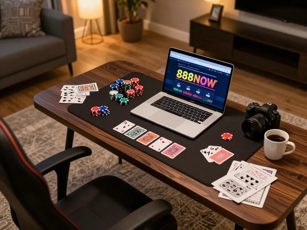Playing casino games with 888NOW on a sleek laptop at home, showcasing an inviting gaming setup