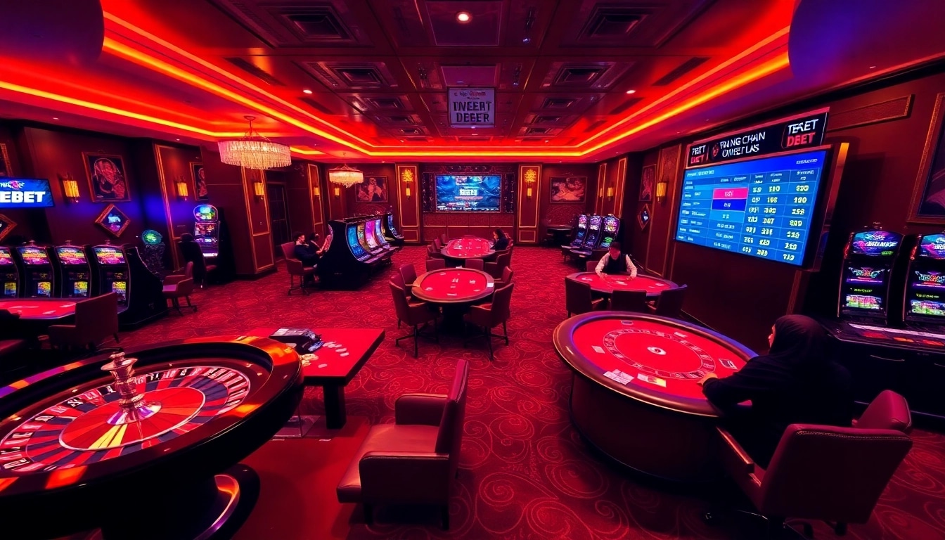 Experience the thrilling ambiance of Trang Chủ DEBET with vibrant casino games and enthusiastic players.