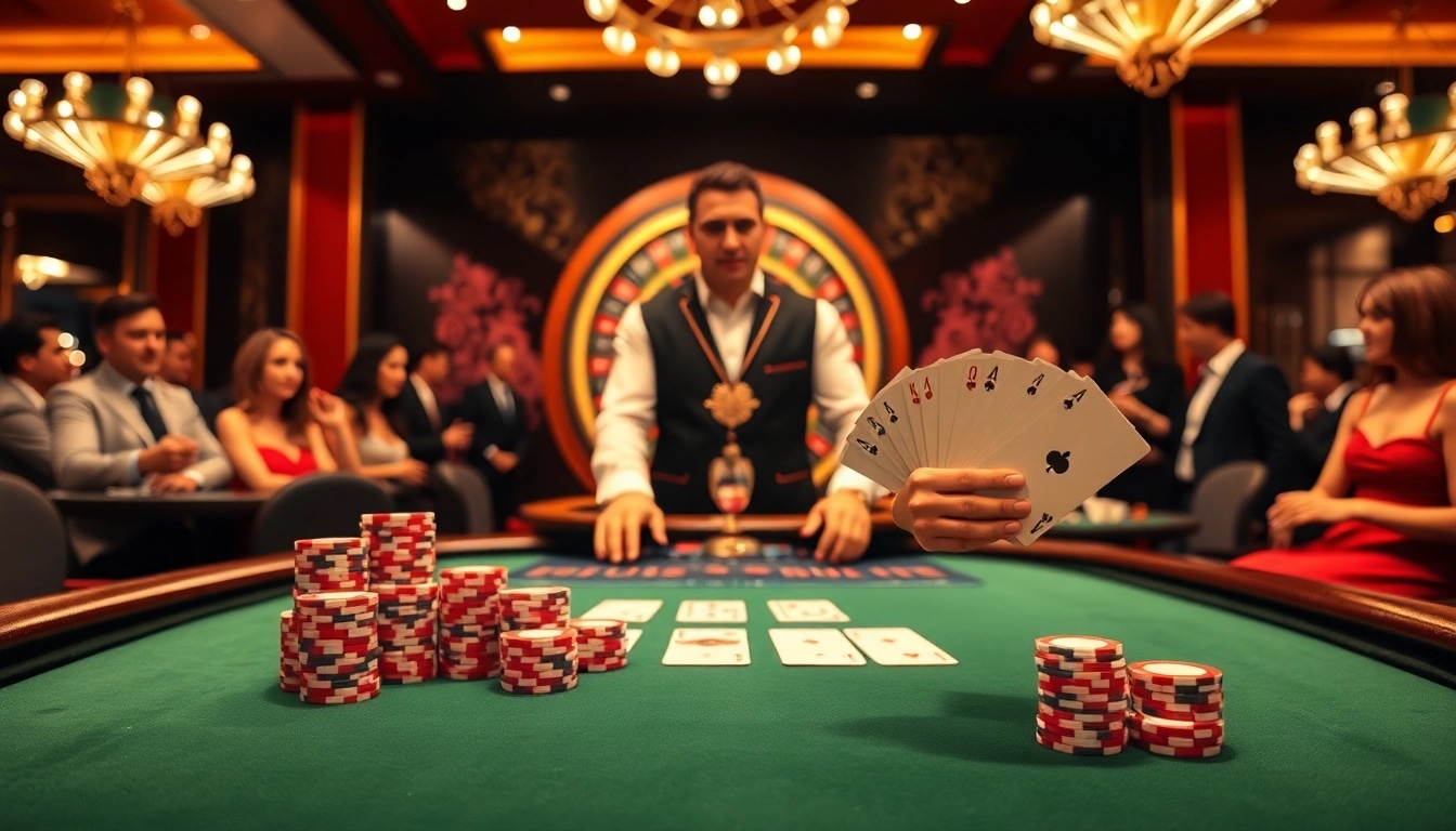 Experience thrilling gameplay at DV88 with a professional dealer at a blackjack table surrounded by excited players.