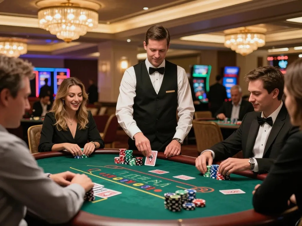 Players enjoying blackjack at 3win.com, showcasing vibrant casino atmosphere.