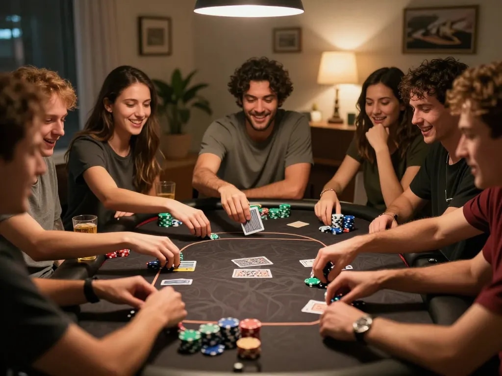 Friends enjoying a game at LV88 poker table, showcasing vivid competition and social atmosphere.